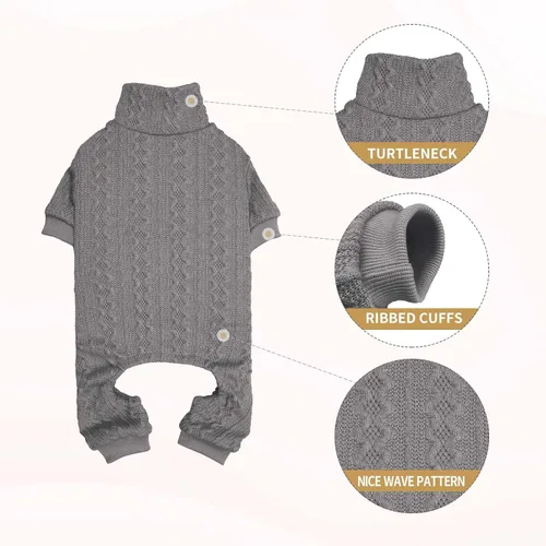 Vista 2 de Suéter de perro cuello alto tejido con botones para mascotas, color sólido, suéter para cachorros, suéter cálido para perros pequeños (Gris y XS)