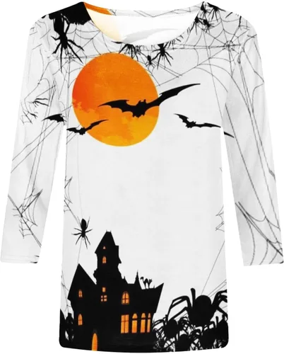 Vista 4 de Camisetas para mujer 2023 verano moda estampado calabaza manga 34 tops cuello redondo Halloween talla grande camiseta otoño tops