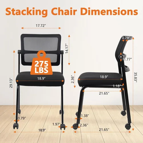 Vista 3 de CLATINA Silla de oficina apilable de malla con ruedas, sin brazos, silla apilable con soporte lumbar ergonómico y cojín de asiento de cuero