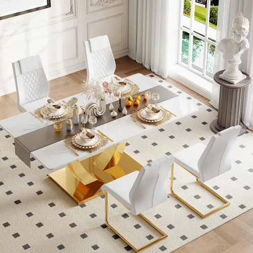 Vista 38 de Juego de mesa de comedor para 4, mesa de comedor de mármol sintético de 63 pulgadas con patas y base de acero inoxidable, sillas acolchadas