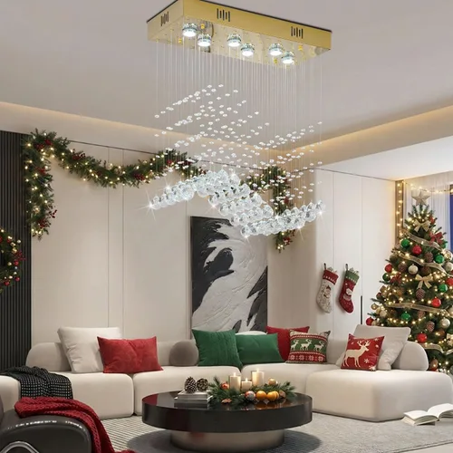 Vista 3 de Candelabro Rectangular Moderno de Onda Dorada para Comedor Sobre Mesa, Lámpara de Techo Elegante de 6 Luces Tipo Gota de Lluvia para Isla de Cocina