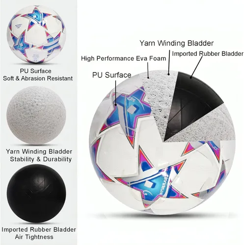 Vista 6 de Balón de fútbol de la Champion, tamaño 5, réplica oficial del partido, ideal para entrenamiento, jugar, coleccionistas y para fanáticos del fútbol.