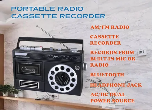 Vista 2 de HANNLOMAX HX-601K Grabadora portátil de casete de radio AM/FM con Bluetooth, grabaciones desde micrófono o radio incorporado, conector para Negro