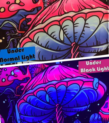 Vista 4 de TUGCAY Tapiz de hongos con luz negra, que brilla en la oscuridad, tapiz de plantas con luz negra, fantasía, hongo, mariposa, luna, reactivo a
