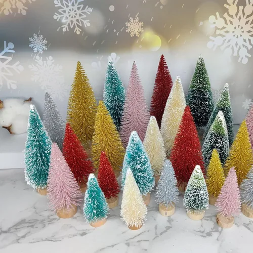 Vista 6 de 24 piezas de árboles de cepillo para botellas, decoración de Navidad, mini árbol de Navidad blanco con base de madera, árbol de pino de sisal