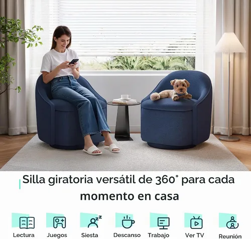 Vista 4 de [Usado] LINSY Juego de 2 Sillas Giratorias de Acento, Cómodas Sillas Tipo Barril de Chenilla con Almacenamiento Giratorio de 360 Grados, Sillón Azul