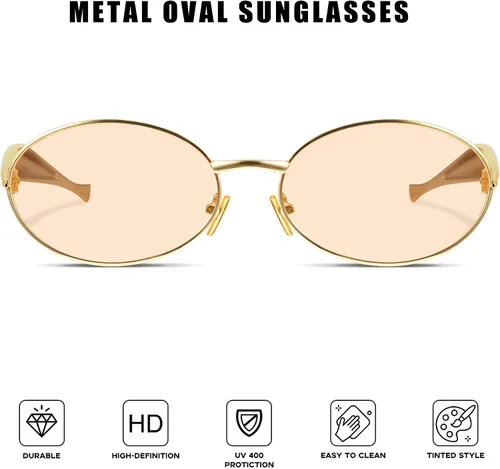 Vista 3 de GRFISIA Retro Oval Sunglasses for Women Men 70s Trendy Sardine Gold Metal Frame Sun Glasses Shades UV400 Protection