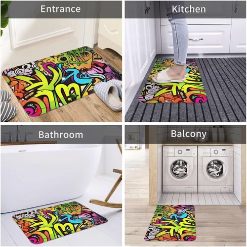 Vista 7 de Tapete con estampado de grafiti, tapete antideslizante y lavable para interiores y exteriores, tapete de bienvenida absorbente para cocina