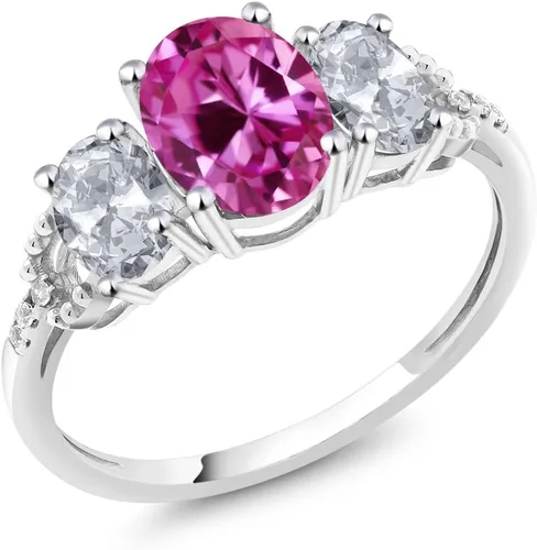Vista 57 de Anillo de compromiso ovalado de oro blanco de 10 quilates con piedra natal y topacio blanco de 3 piedras con detalles de diamante Centro de 0.315