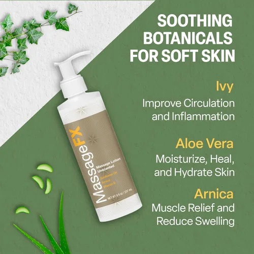 Vista 4 de Massage FX Loción de masaje sin perfume, botella de bomba de 8 onzas, fórmula calmante que proporciona un deslizamiento suave y extendido, fórmula