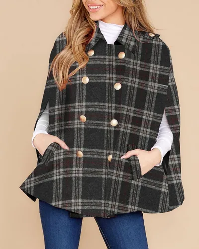 Vista 3 de MISUMALLS Poncho a cuadros para mujer, cuello abatible, doble botonadura con botones y bolsillos