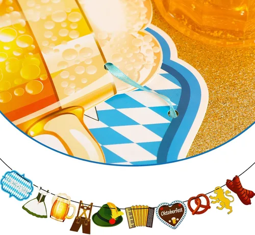 Vista 3 de Cartel de Oktoberfest, 3 piezas de bandera de Oktoberfest Prost decoración colgante guirnalda blanca y azul bávara de cerveza alemana festival