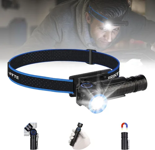Vista 10 de Brinyte HL16 Linterna frontal LED recargable, linterna EDC ajustable de 0-90°, faro de 520 lúmenes con base magnética y carga, luz impermeable IP66