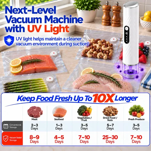 Vista 3 de Sellador al vacío UV para alimentos con 30 bolsas de vacío reutilizables -60kPa - Máquina selladora al vacío compacta de mano para ahorro