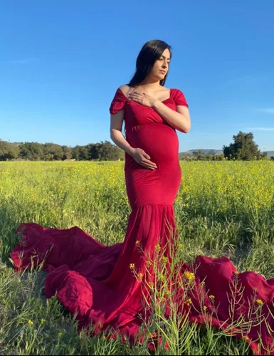 Vista 5 de ORQ Vestido de gasa de maternidad con hombros descubiertos para accesorios de fotos, vestido maxi de fotografía para sesión de fotos