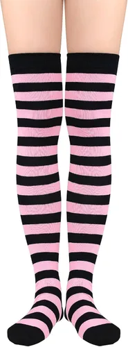 Vista 3 de Century Star Calcetines altos hasta el muslo extra largos por encima de la rodilla, calcetines a rayas para mujeres, medias de atleta, calentador