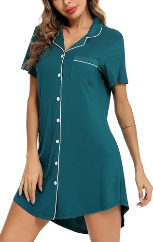 Vista 3 de Samring Camisón de pijama para mujer, manga corta/larga, con botones, camisón para dormir, camisón para novio, talla XXL