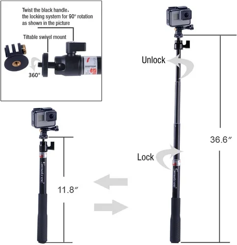Vista 5 de Smatree Palo telescópico para selfie Q3 con trípode para Insta360 X5 For OSMO 360,GoPro Hero