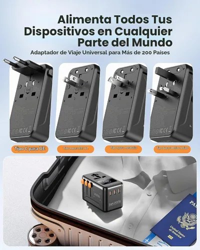 Vista 5 de Adaptador de viaje universal GaN de 200 W, USB-C dual de 100 W para 2 GaN200W con pantalla inteligente-negro+blanco