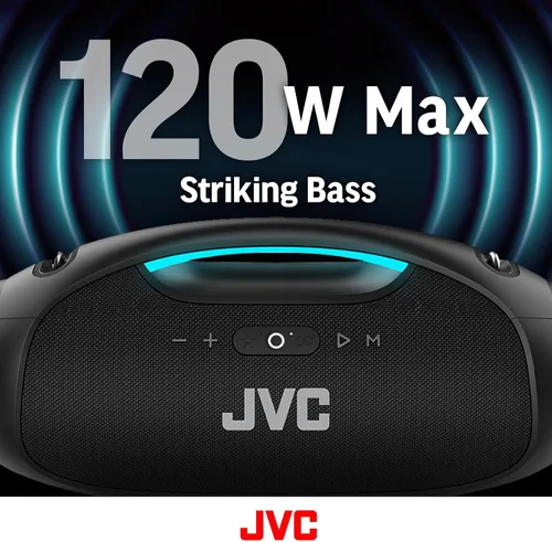 Vista 2 de JVC Altavoz Bluetooth inalámbrico portátil - 120W con doble woofer de graves profundos, iluminación RGB, Boombox para interior/exterior, Bluetooth