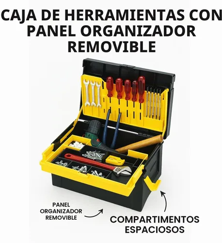 Vista 2 de Caja Organizadora de Herramientas Compacta con Bandeja Extraíble Caja de Herramientas de Plástico Resistente con Compartimentos para DIY