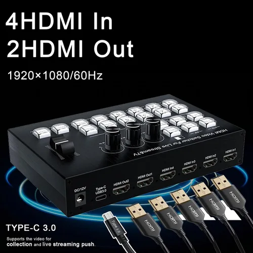 Vista 2 de Mezclador de vídeo de transmisión en vivo, 4 HDMI 4 canales de entrada de vídeo conmutador 2 salidas HDMI Switcher, soporte 1080P@60Hz, HDCP 1.4