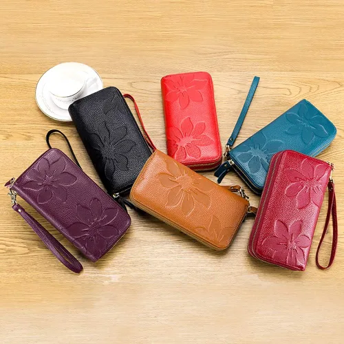 Vista 7 de Cartera de cuero para mujer con bloqueo RFID, bolsillo para teléfono inteligente con doble cremallera,Ranuras para efectivo de gran capacidad