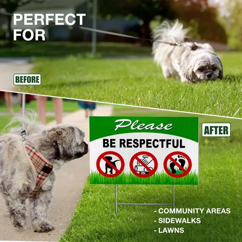 Vista 7 de Letreros de perro con texto en inglés «Please Be Respectful» de 8 x 12 DS Coroplast Keep Off Grass, sin desperdicios, frena a tu perro Keep Off