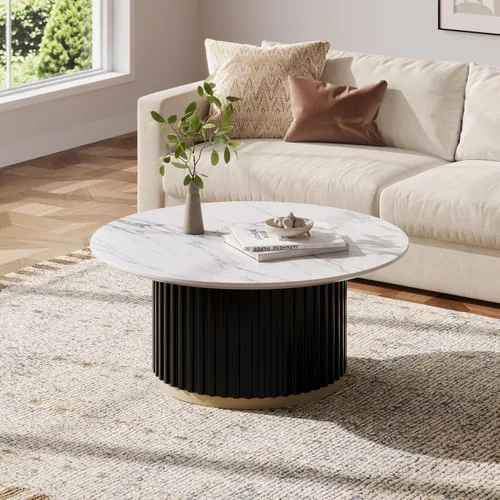Vista 50 de Mesa de centro redonda de madera de 31.49 pulgadas con almacenamiento, mesa de centro circular acanalada de 2 niveles con tapa y estante para sala