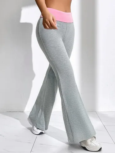 Vista 4 de MakeMeChic Pantalones de pierna acampanada con cintura elástica y bloques de color para mujer