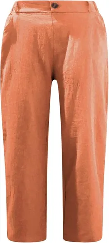 Vista 3 de Stessotudo Capris para mujer, pantalones casuales de lino elásticos de cintura alta con bolsillos, pantalones anchos y recortados, pantalones
