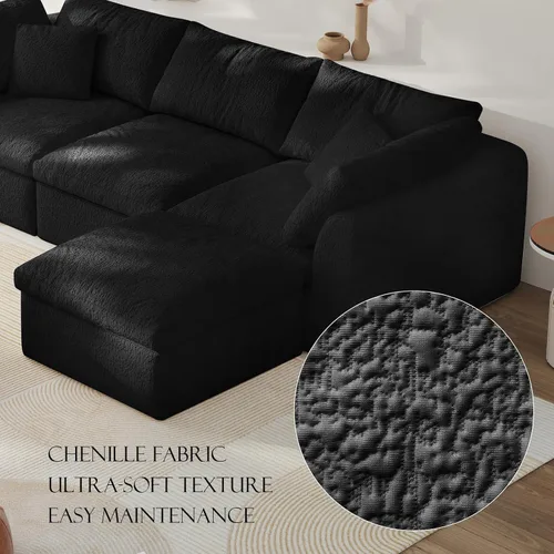 Vista 3 de Sofá modular de nube sin hueso de 108 pulgadas con asiento profundo para sala de estar, sofá en forma de L con otomana, tela de copo de nieve y Negro