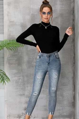 Vista 5 de MANGDIUP Camiseta básica de manga larga con cuello alto falso para mujer, sin mangas, ajustada