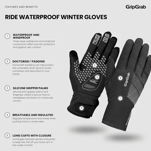 Vista 2 de GripGrab Ride - Guantes de ciclismo de invierno impermeables con forro polar, guantes de ciclismo de invierno para clima frío, guantes de ciclismo