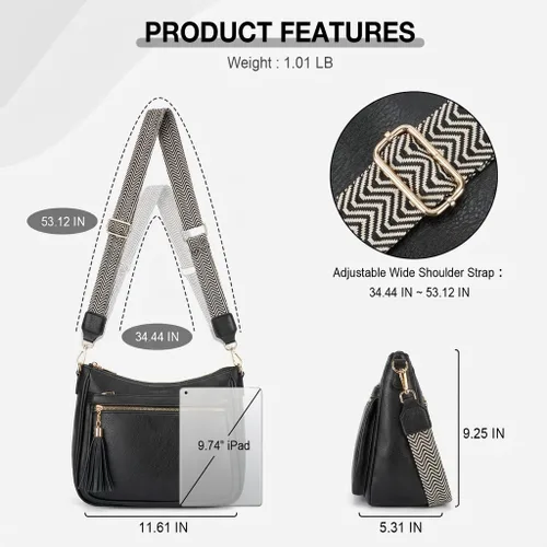 Vista 5 de Bolsos cruzados medianos para mujer, de cuero vegano, bolsos cruzados con múltiples bolsillos, bolsos de hombro con borla
