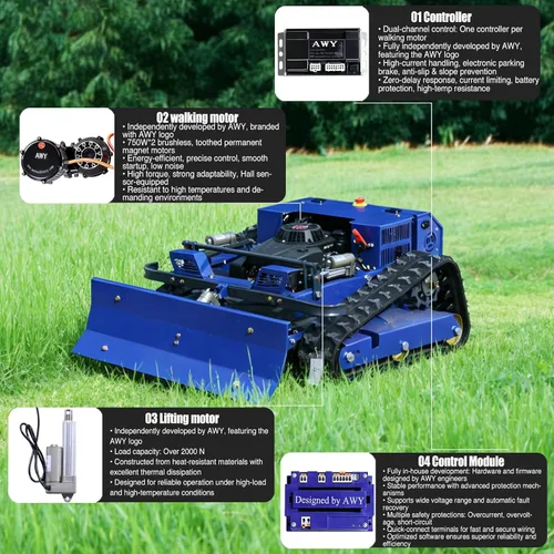 Vista 3 de Cortacésped con control remoto, cortacésped de oruga híbrido de aceite-electricidad 4WD, altura de corte de 2.8-15 cm, cortacésped profesional