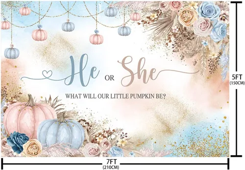 Vista 5 de AIBIIN Telón de fondo de revelación de género de 7 x 5 pies con texto en inglés "He or She What Will Our Little Pumpkin Be Background", color rosa