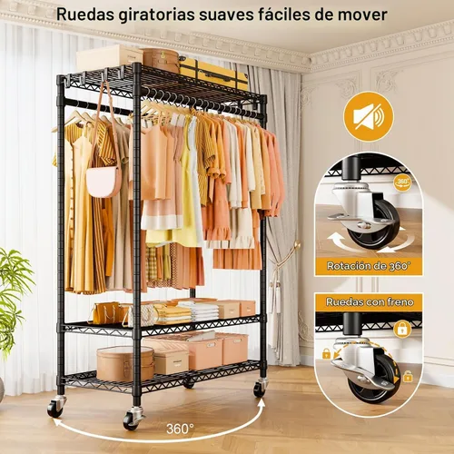 Vista 5 de ULIFHOME P7 - Perchero enrollable para ropa, estantes para colgar ropa, estante resistente para prendas con ruedas, estante de clóset portátil de 3