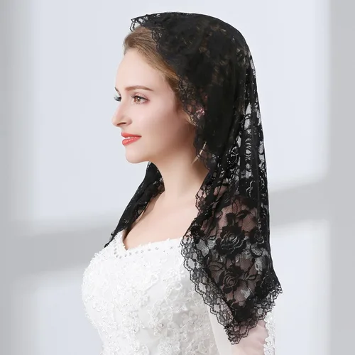 Vista 4 de Velo de mantilla de encaje suave y cómodo, 7 colores, estilo español, velo de encaje, cubierta de cabeza, forma de D