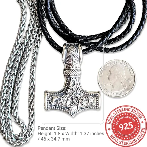 Vista 3 de Collar de martillo vikingo de plata de ley 925 con colgante de amuleto nórdico Odin para hombre, Plata esterlina, No es una piedra preciosa