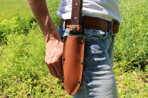 Vista 9 de Hori Hori - Cuchillo japonés de jardinería prémium - Cuchillos de jardín de espiga completa con funda de cuero