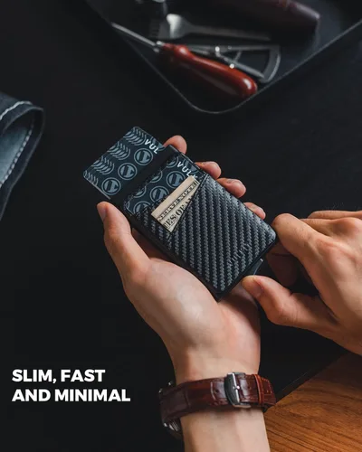 Vista 2 de VULKIT Cartera desplegable para tarjetas de crédito con ranuras de cuero adicionales con bloqueo RFID, funda delgada de metal para tarjetas, Carbon