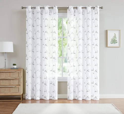 Vista 9 de Cortinas LinenZone de piso a techo para ventanas extra anchas. Cortinas transparentes blancas para divisores de habitación con bordado de hojas rosa