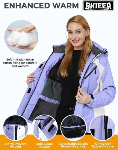 Vista 3 de Skieer Chaqueta de esquí impermeable para mujer, abrigo cálido de invierno con capucha para snowboard
