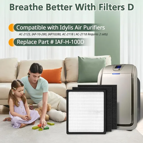 Vista 6 de Filtros de repuesto D para purificadores de aire Idylis IAF-H-100D AC-2118 AC-2123 IAP-10-280 IAP10280 Idylis tipo D, incluye 1 filtro HEPA y 2