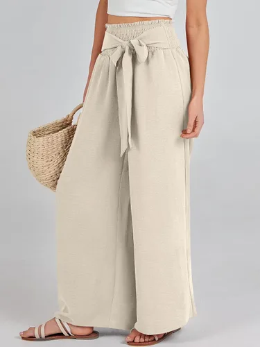 Vista 3 de Caracilia Pantalones de descanso de pierna ancha para mujer con bolsillos, cintura alta, pantalones palazzo largos y fluidos, ajustables, con nudo
