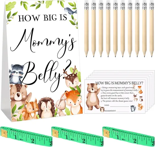Vista 112 de Sabary 64 Piezas Juegos de Baby Shower Incluyen Letrero How Big is Mommy's Belly Sign Measure Bump Game 50 Tarjetas 10 Lápices 3 Cintas Métricas