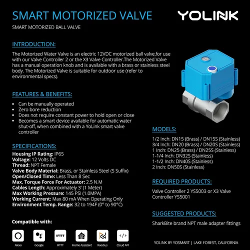 Vista 5 de Kit de control de válvula inteligente inalámbrico YoLink, válvula motorizada de acero inoxidable certificada NSF de 1/2", controlador inalámbrico 2