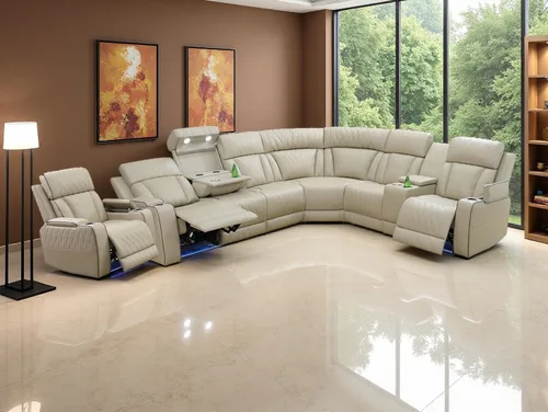 Vista 34 de Juego de sofá de cuero transpirable con puerto USB, 5 sofás seccionales reclinables en forma de L y 2 sillas, juego de sofá seccional reclinable