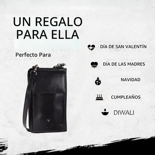 Vista 5 de Bolsos cruzados de cuero genuino pequeños para mujer monedero del teléfono celular, moda casual con correa ajustable Negro